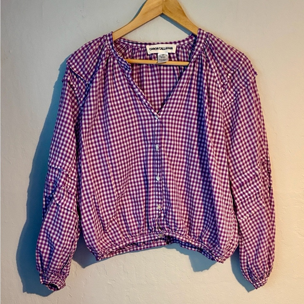 Caron Callahan Purple Gingham Button-Front Top